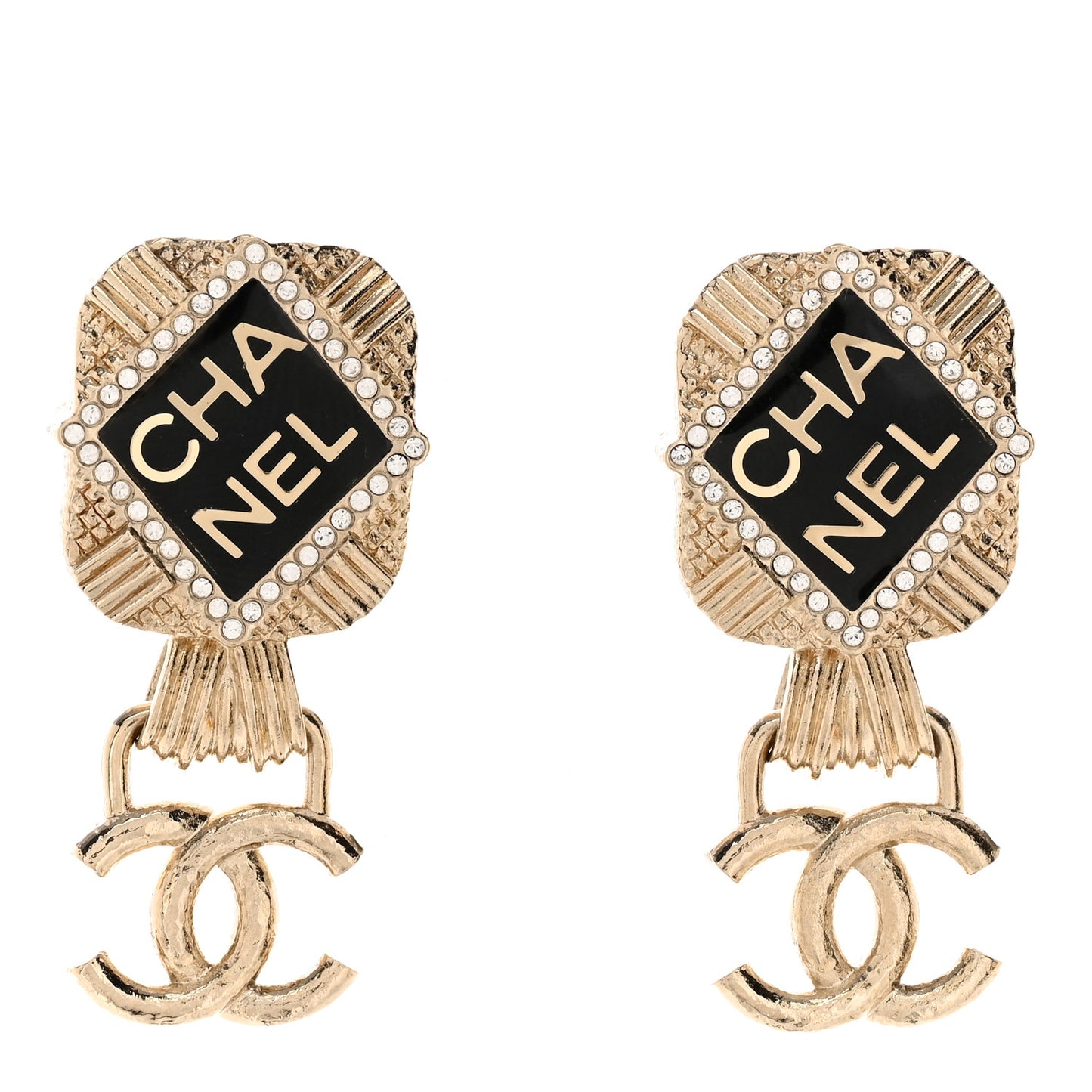 Resin Crystal Quilted CC Drop Earrings Black Gold