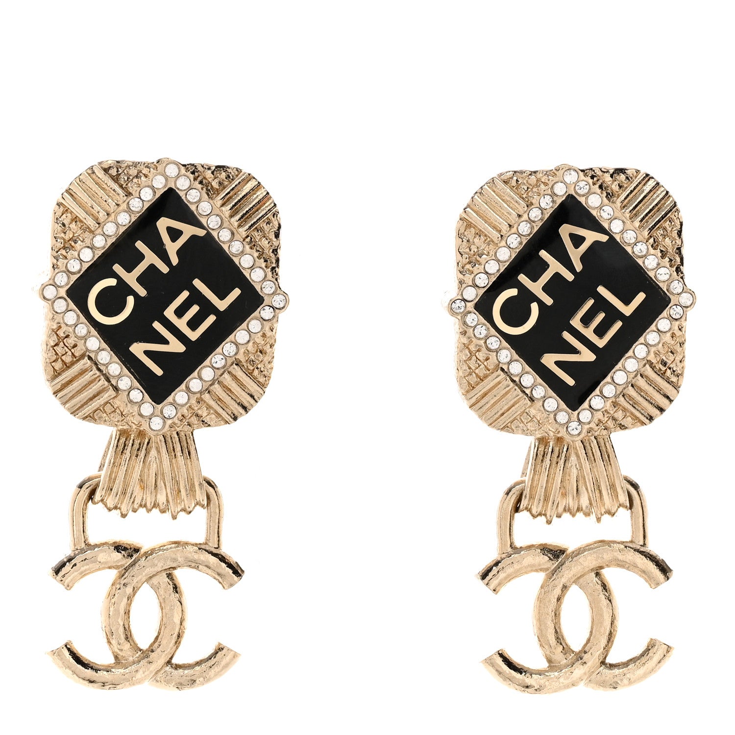 Chanel Resin Crystal Quilted CC Drop Earrings Black Gold 1 of 5