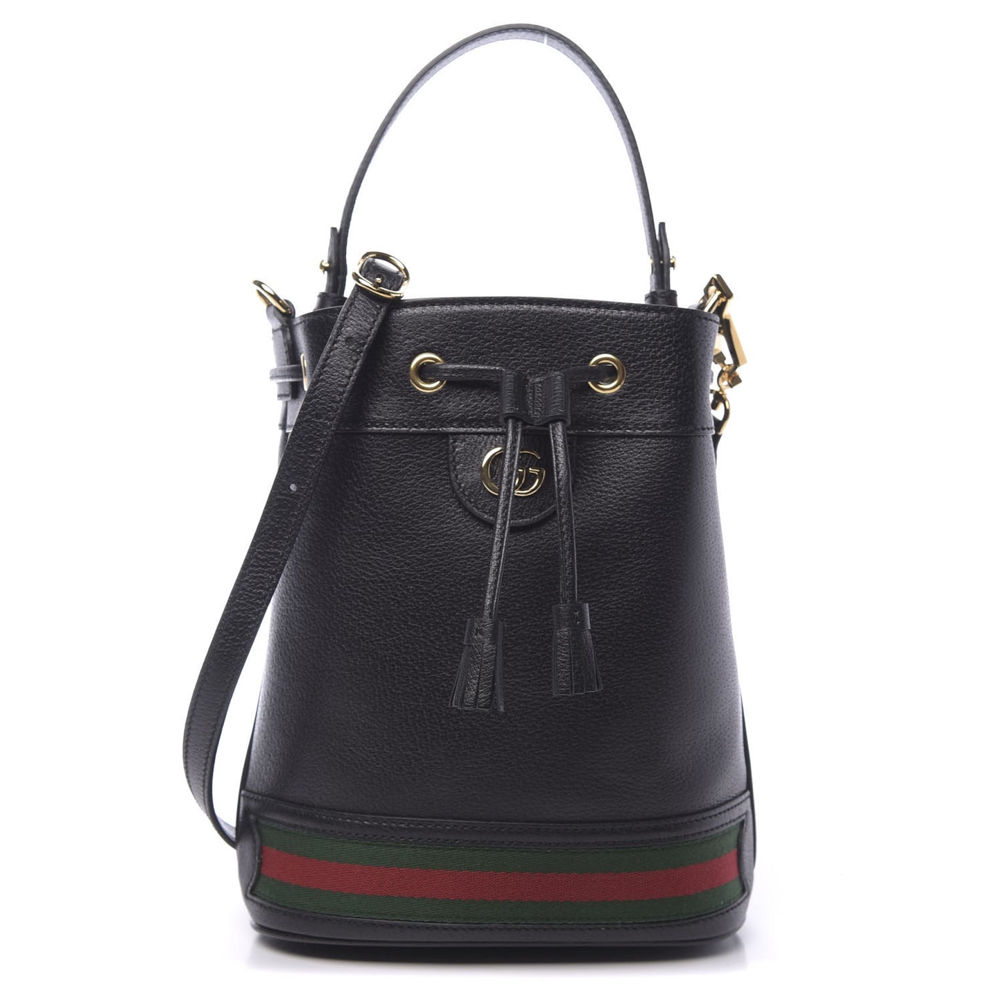 Glazed Textured Calfskin Web Small Ophidia Bucket Bag Black