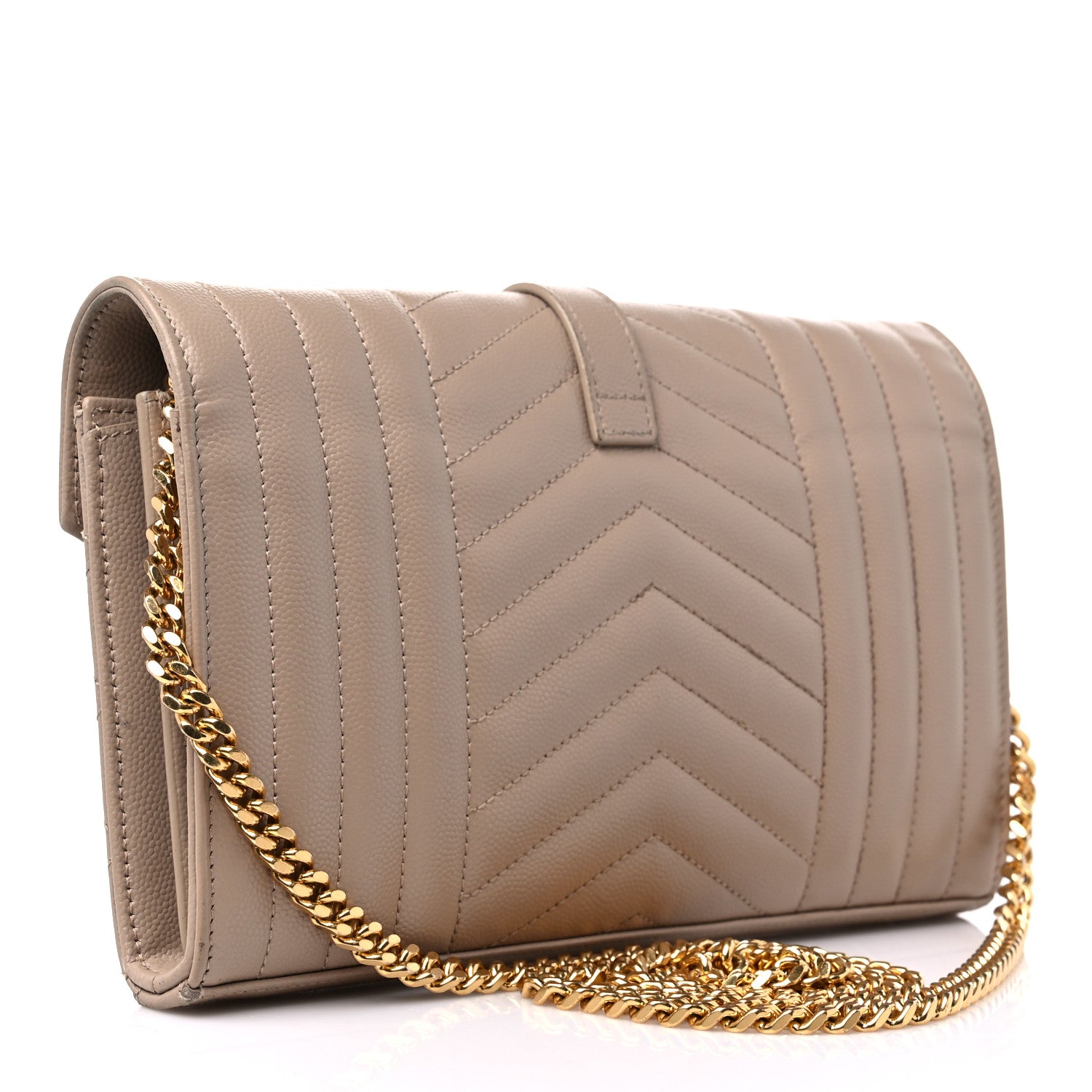 Saint Laurent Grain De Poudre Mixed Matelasse Triquilt Monogram Chain Wallet Dark Beige 3 of 16