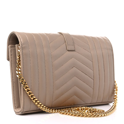Saint Laurent Grain De Poudre Mixed Matelasse Triquilt Monogram Chain Wallet Dark Beige 3 of 16