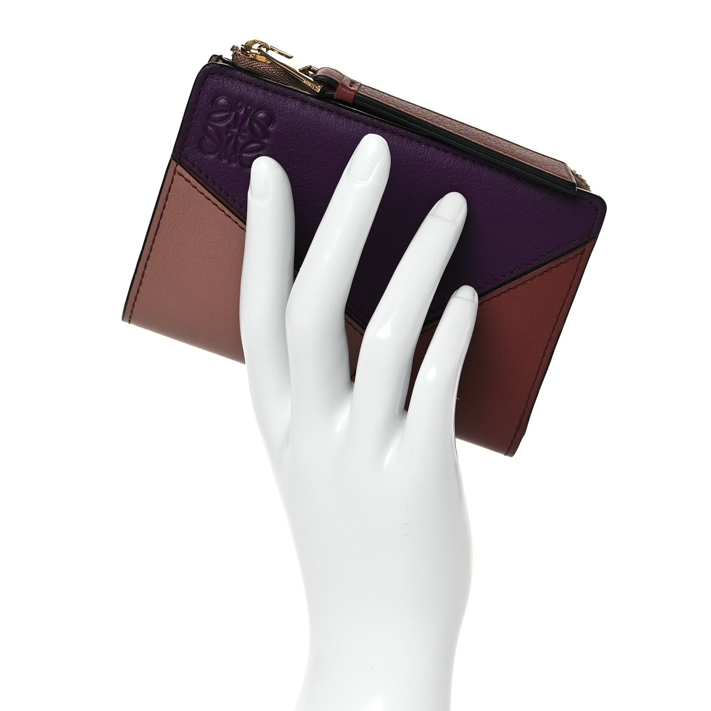Calfskin Puzzle Zip Bi-Fold Wallet Dark Blush Dark Rust