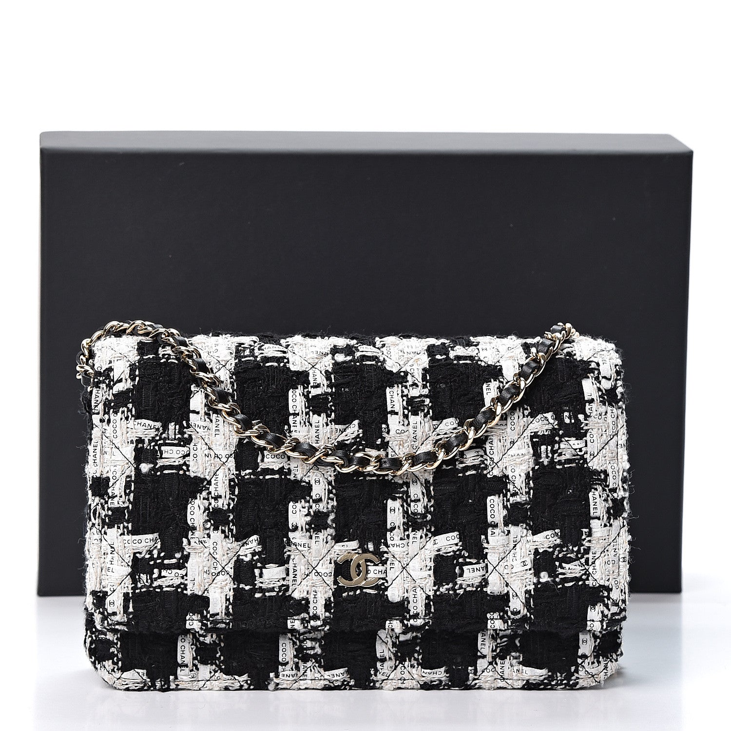 Chanel Tweed Quilted Wallet On Chain WOC Black Ecru White 10 of 10