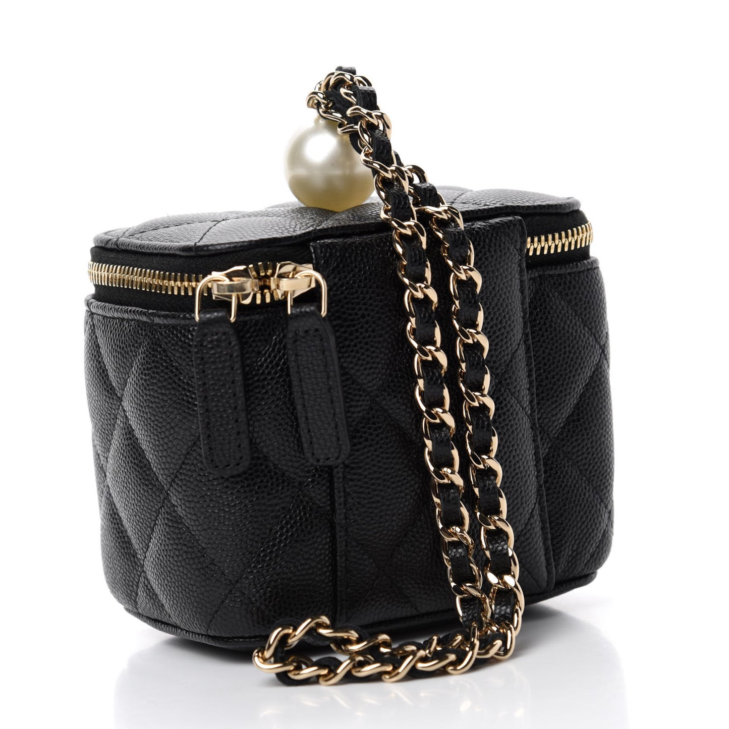 Caviar Quilted Mini Pearl On Top Vanity Case With Chain Black