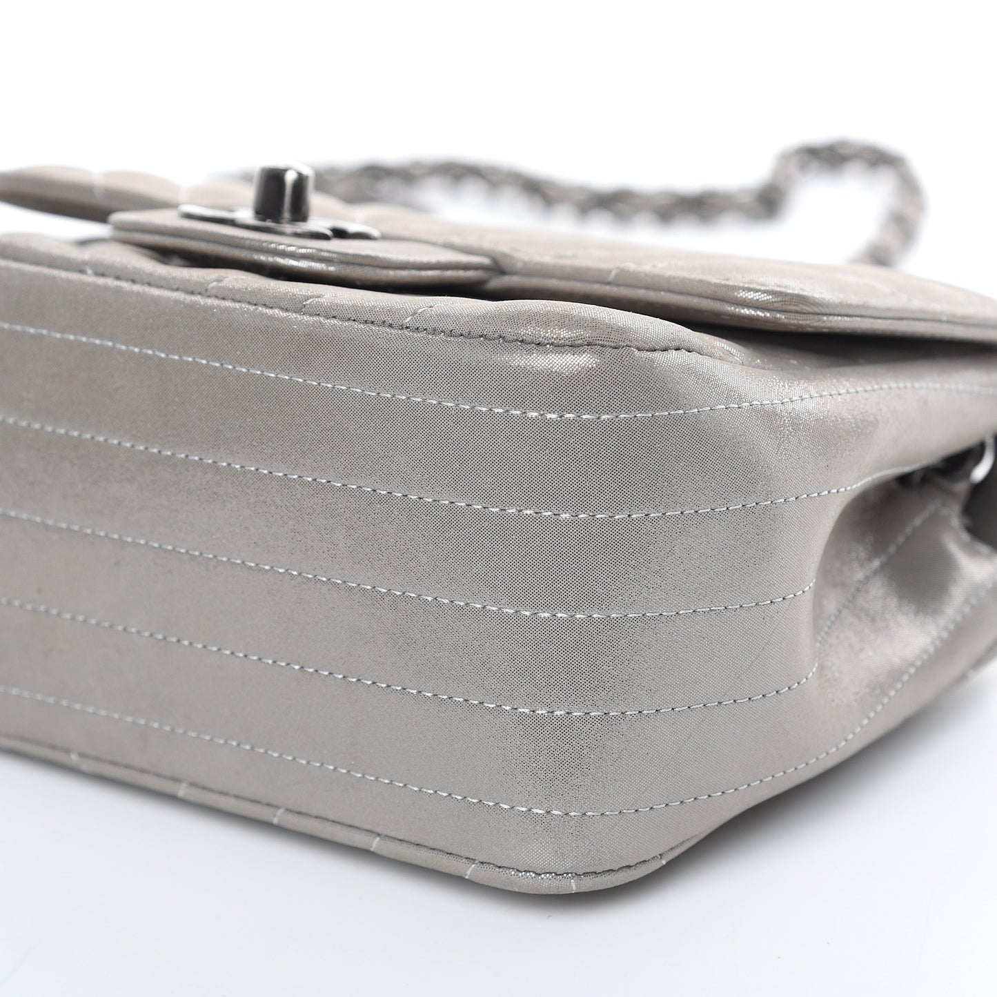 Iridescent Calfskin Chevron Quilted Mini Square Flap Silver