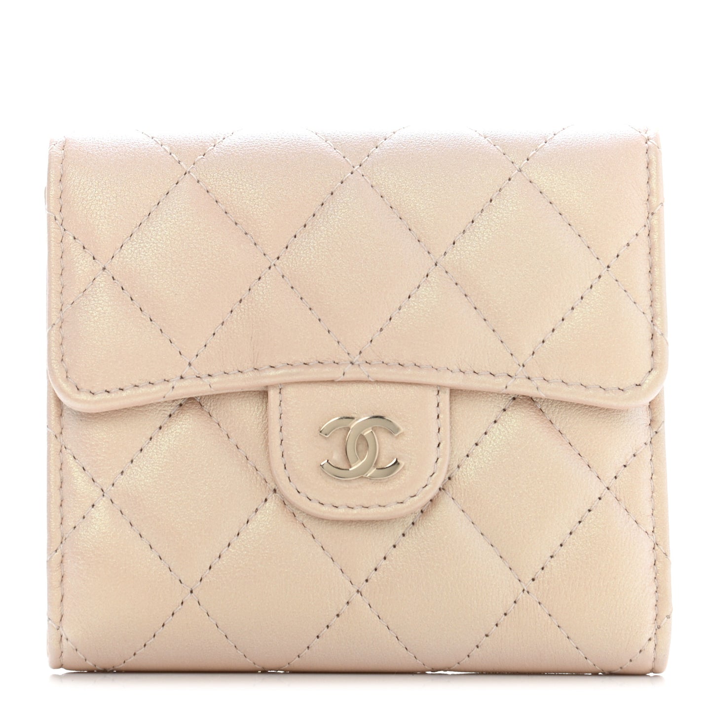 Iridescent Calfskin Quilted Compact Flap Wallet Beige