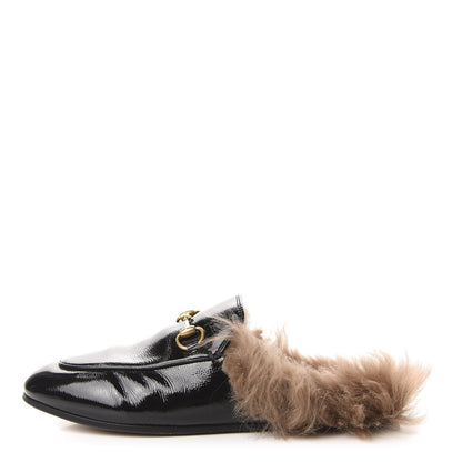 Gucci Patent Fur Womens Princetown Slippers 37 Black Natural 1 of 10