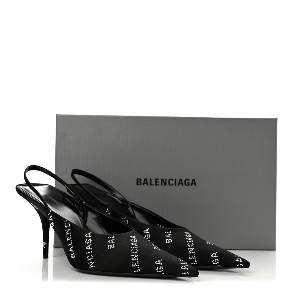 Balenciaga Satin Strass Allover Logo Square Knife 110mm Slingback Pumps 38 Black 11 of 11