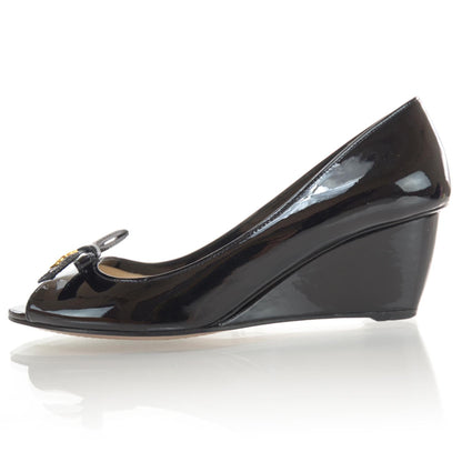 Prada Vernice Wedge Bow Heels 38 Black 1 of 6