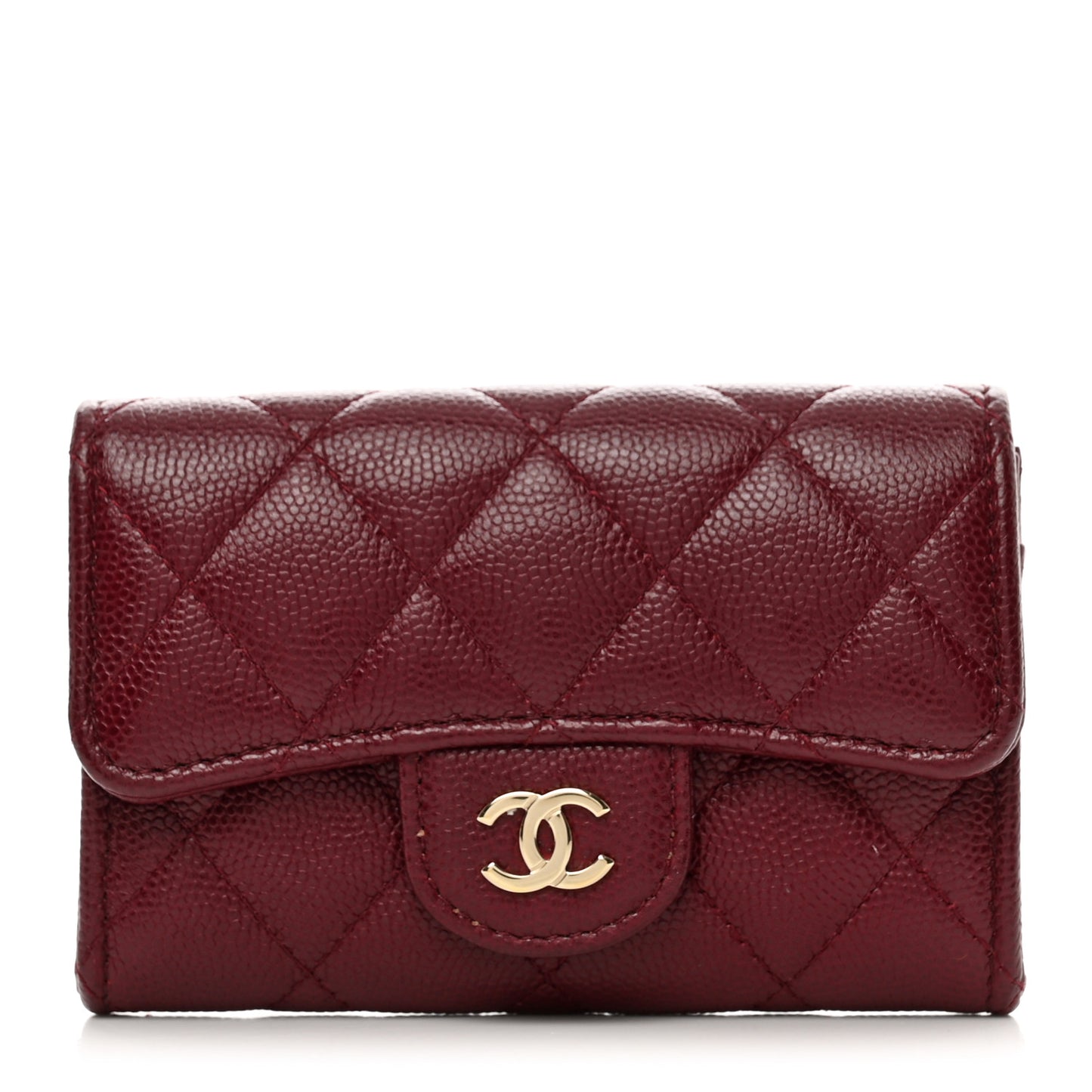 Caviar Quilted Flap Card Holder Wallet Burgundy