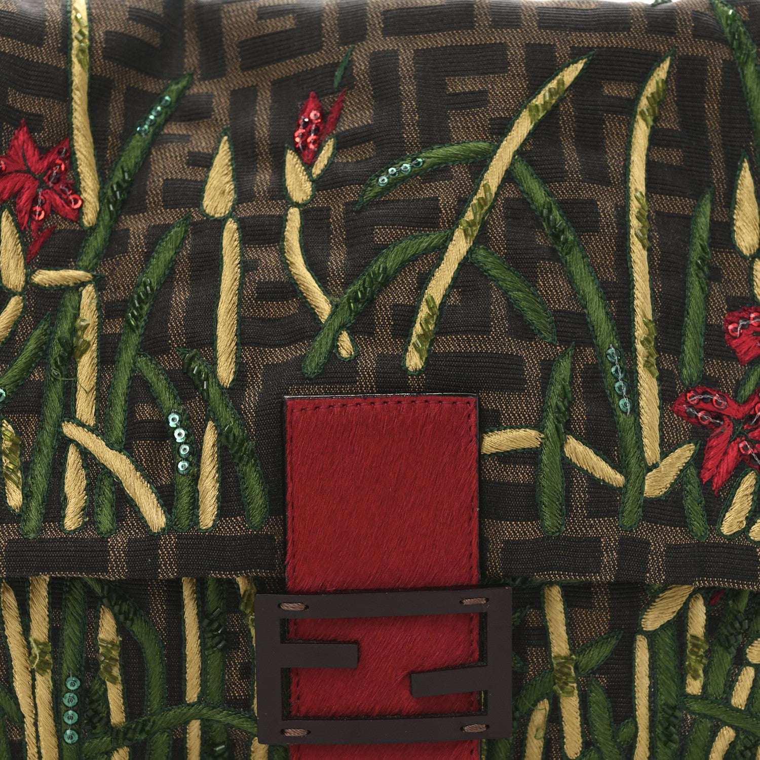 Fendi Zucca Pony Hair Embroidered Mama Baguette Tobacco Rosso 8 of 11