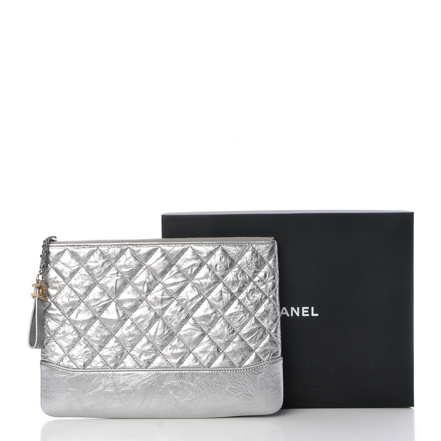 Metallic Crumpled Calfskin Quilted Medium Gabrielle Cosmetic Case Silver
