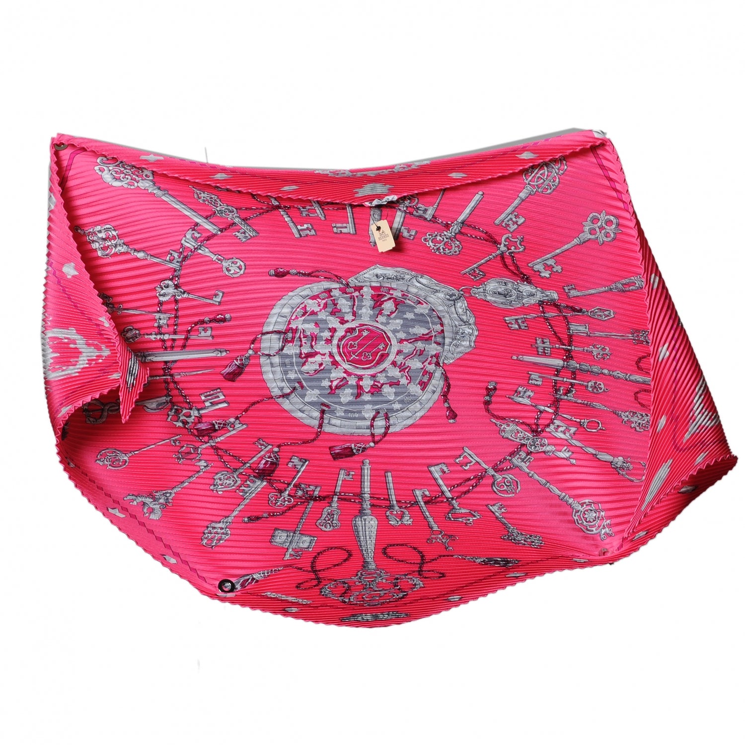 Hermes Silk Plisse Keys Les Cles Scarf 90 Rose Vif Fuchsia Gris 2 of 6