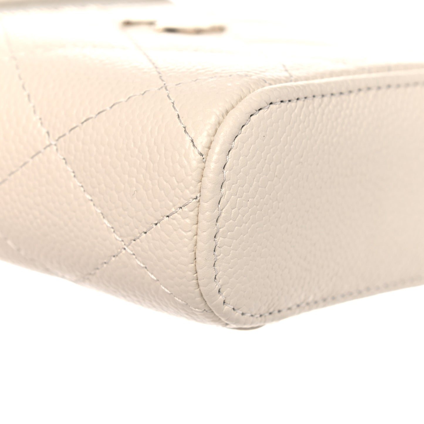 Caviar Quilted Small Handle With Care Vanity Case With Chain White