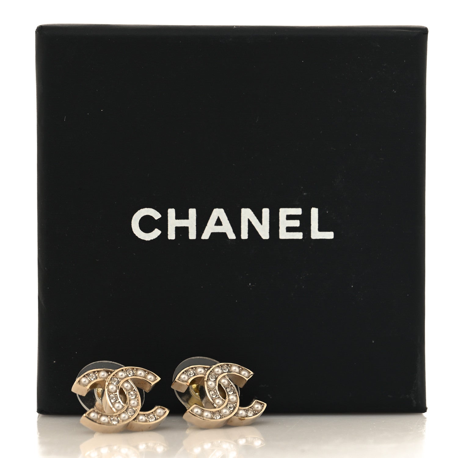Chanel Pearl Crystal CC Stud Earrings Gold 5 of 5