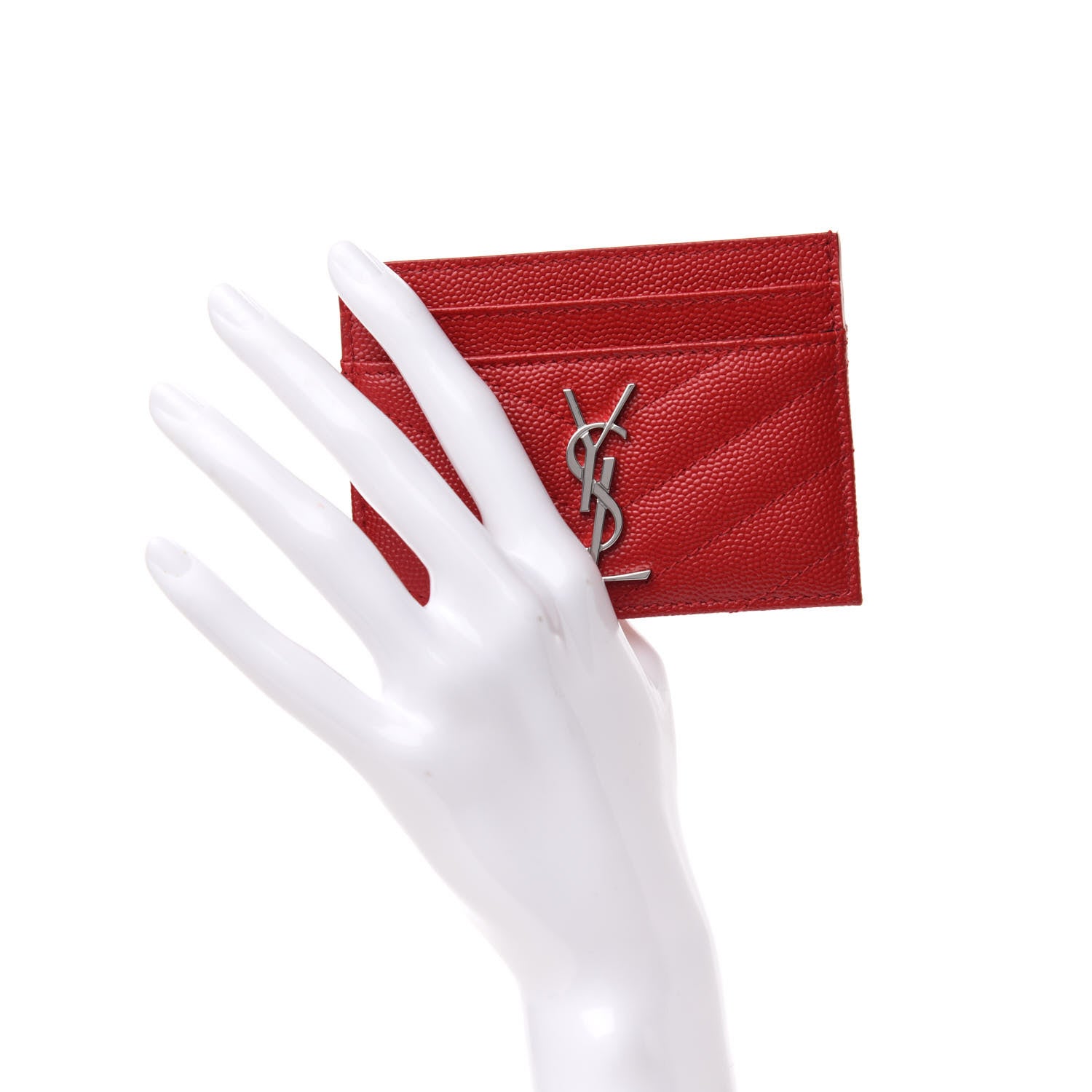 Saint Laurent Grain De Poudre Matelasse Chevron Monogram Credit Card Case New Red 2 of 7