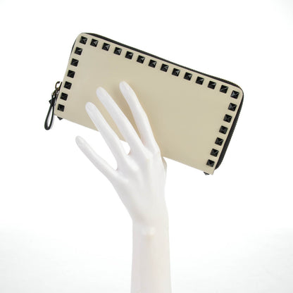 Valentino Garavani Vitello Rockstud Zip Around Wallet Ivory Black 2 of 8