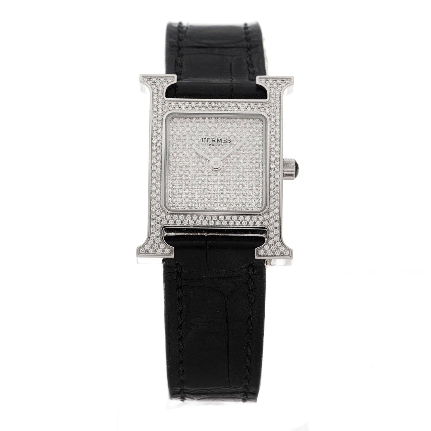 Hermes Stainless Steel Alligator Diamond Pave 21mm Heure H Quartz Watch Noir 1 of 5