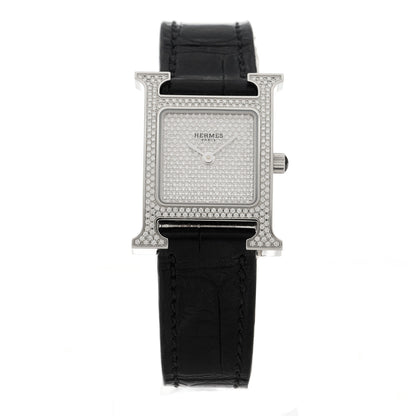 Hermes Stainless Steel Alligator Diamond Pave 21mm Heure H Quartz Watch Noir 1 of 5