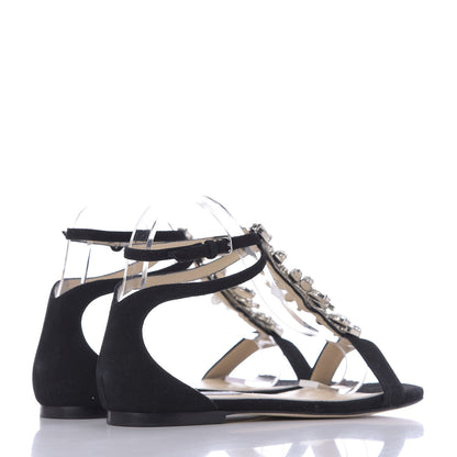 Jimmy Choo Suede Crystal Averie T-Strap Flat Sandals 39 Black 4 of 10