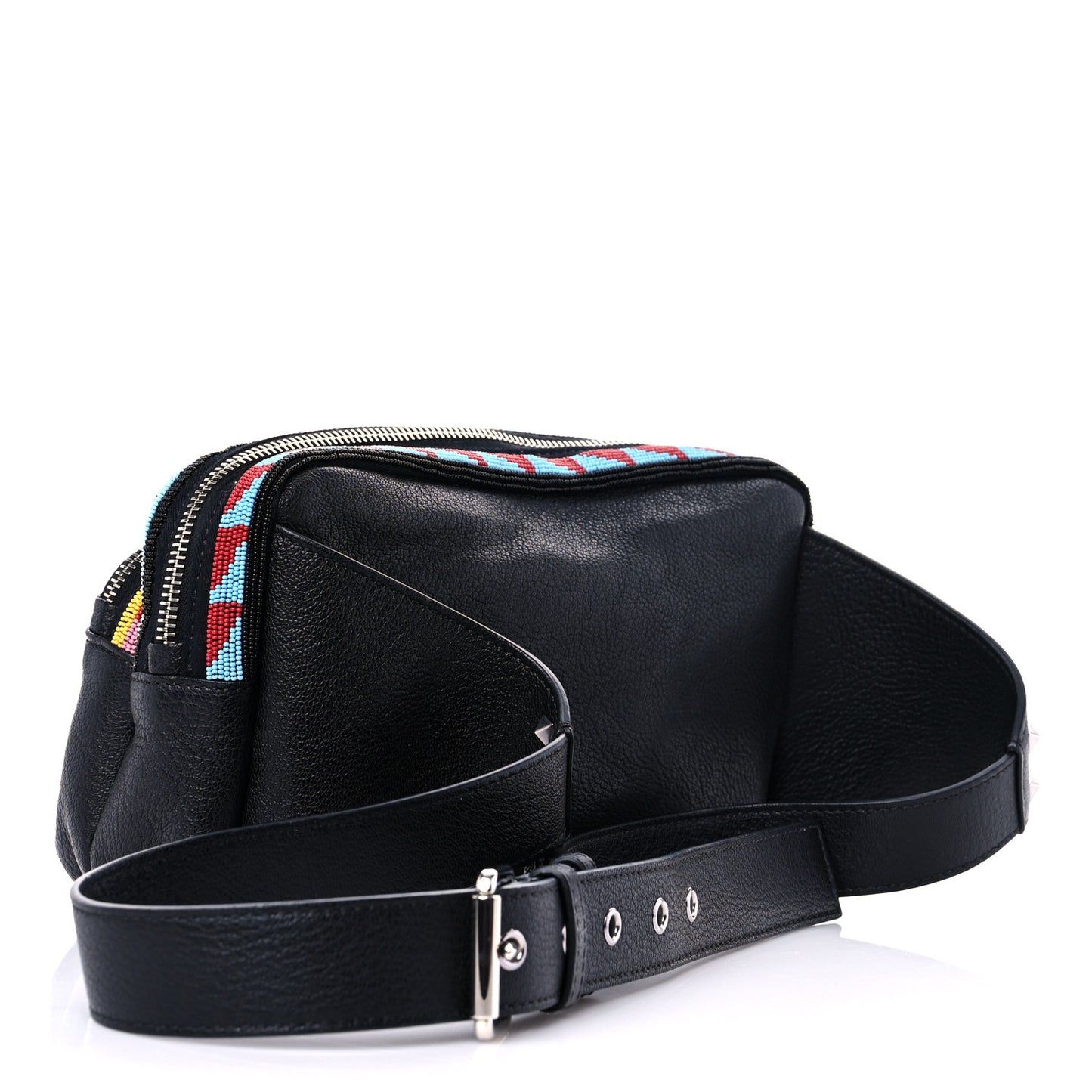 Pebbled Calfskin Beaded Rockstud Belt Bag Black