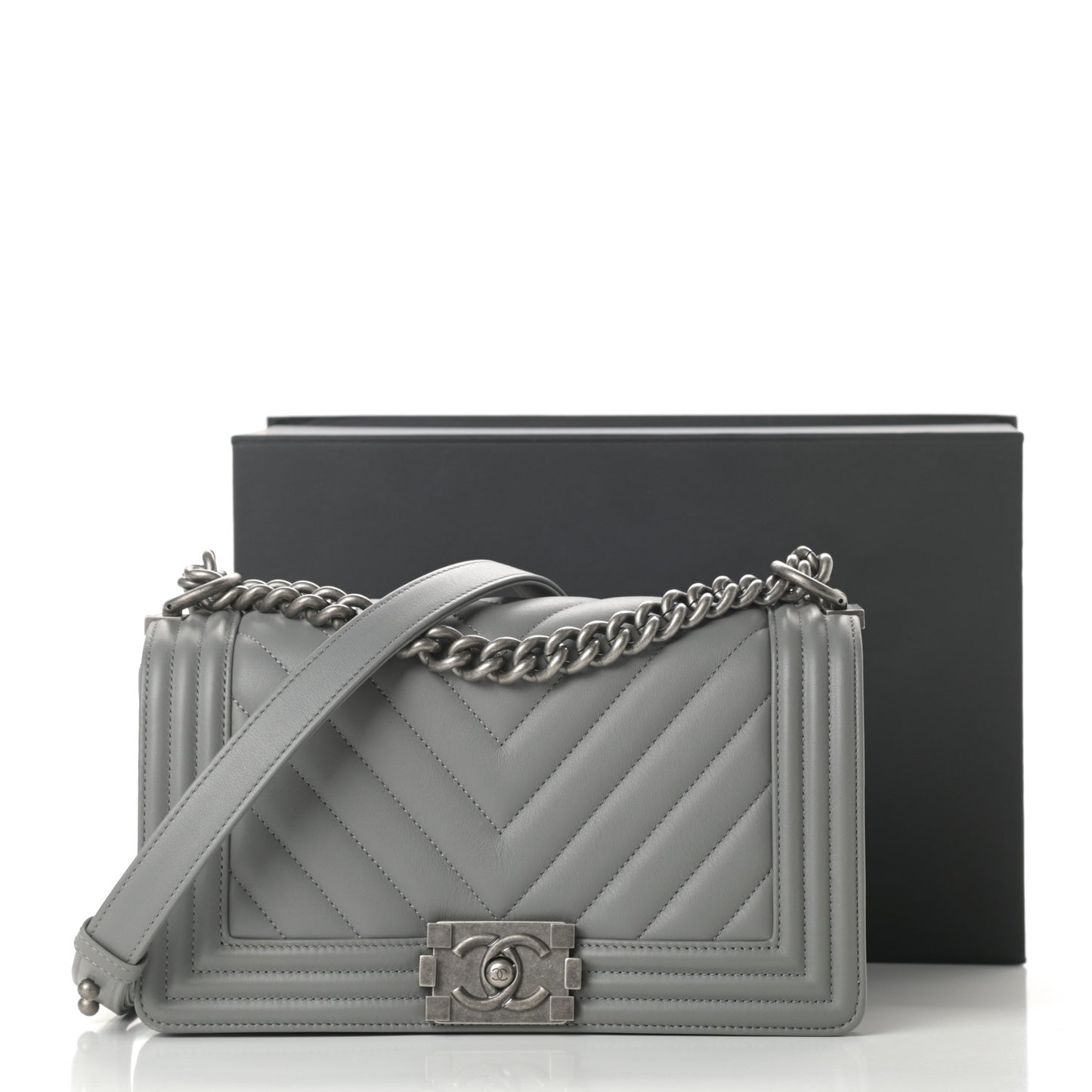 Calfskin Chevron Quilted Medium Boy Flap Grey