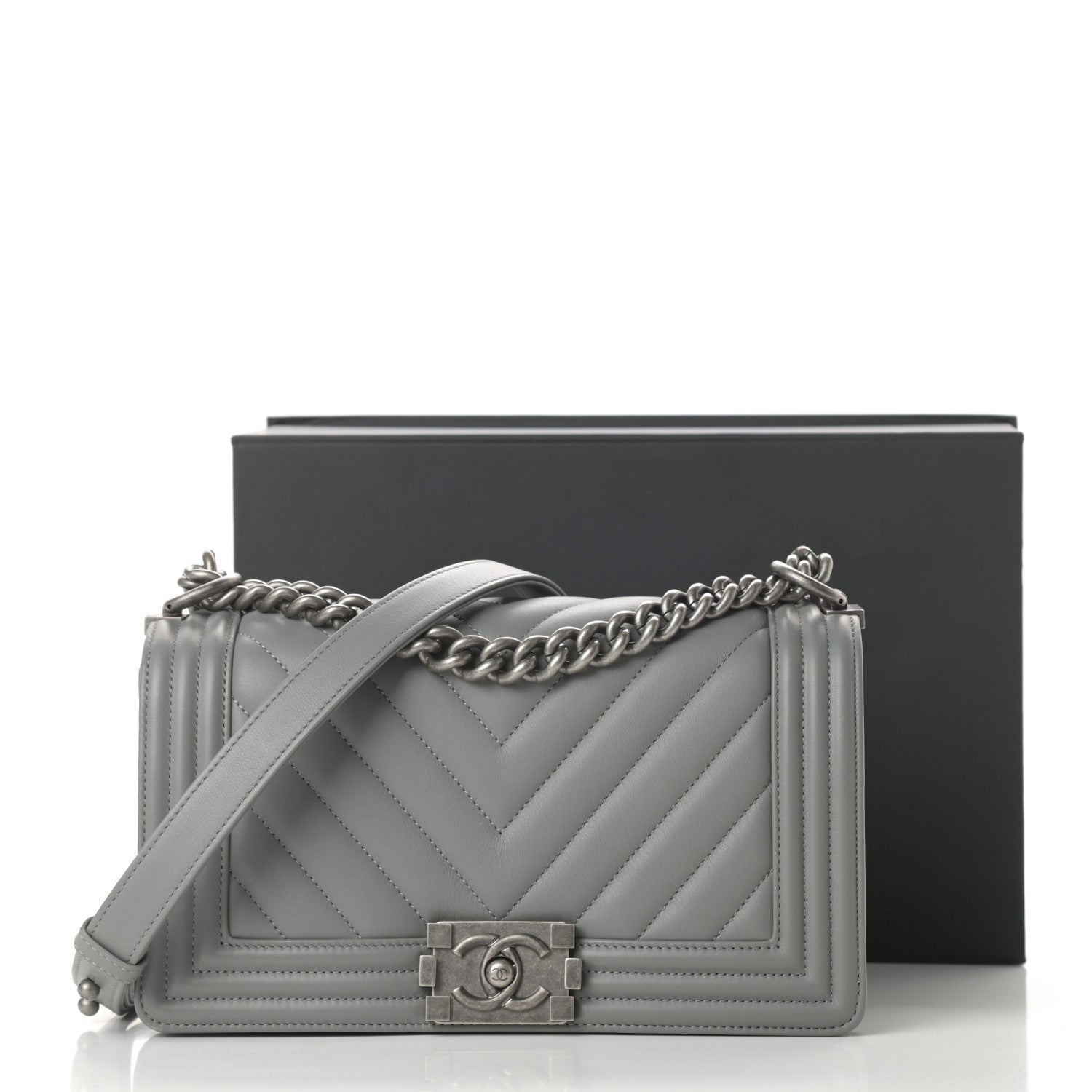 Chanel Calfskin Chevron Quilted Medium Boy Flap Grey 14 of 14