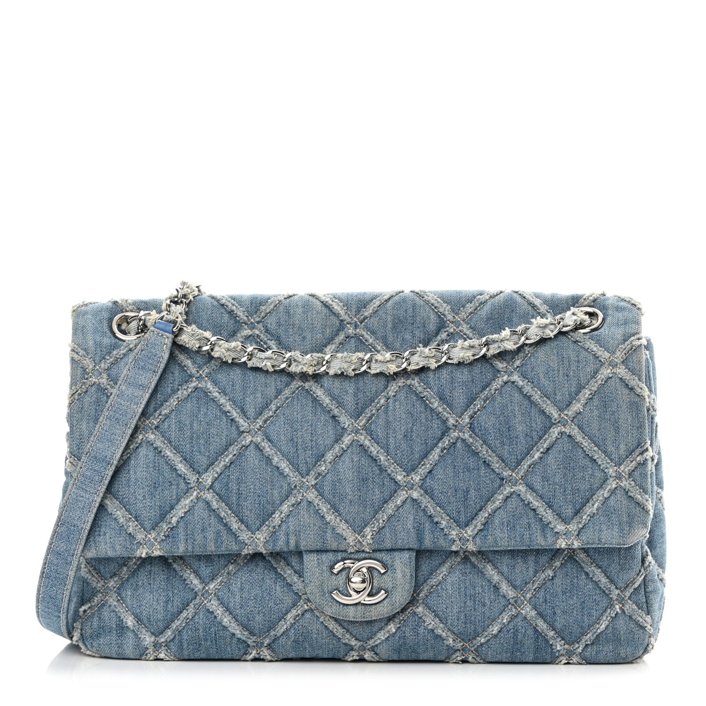 Frayed Denim Quilted Large Blue Chip Flap Blue