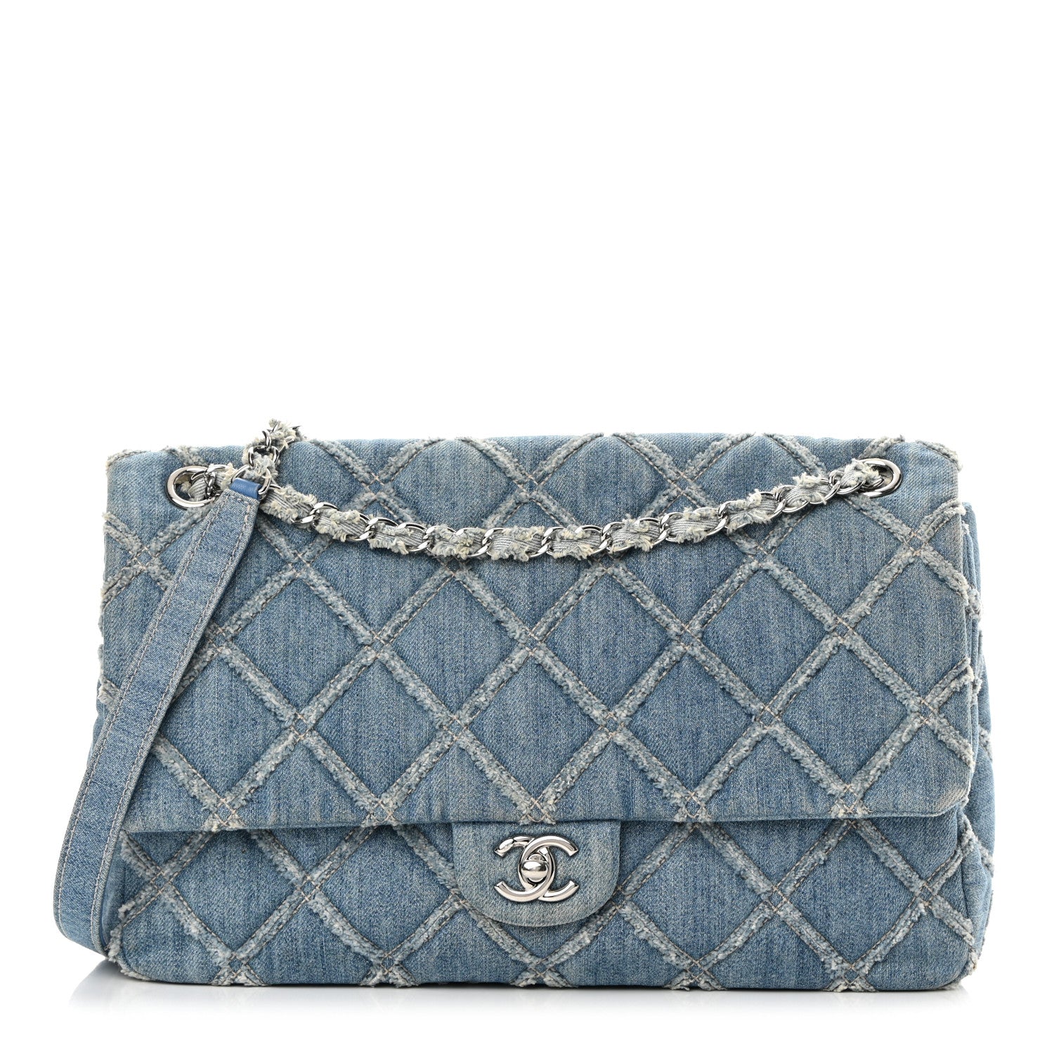 Chanel Frayed Denim Quilted Large Blue Chip Flap Blue 1 of 13