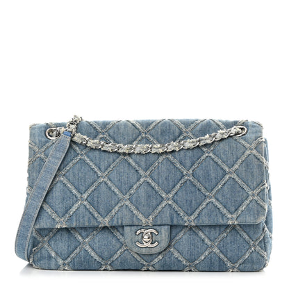 Chanel Frayed Denim Quilted Large Blue Chip Flap Blue 1 of 13