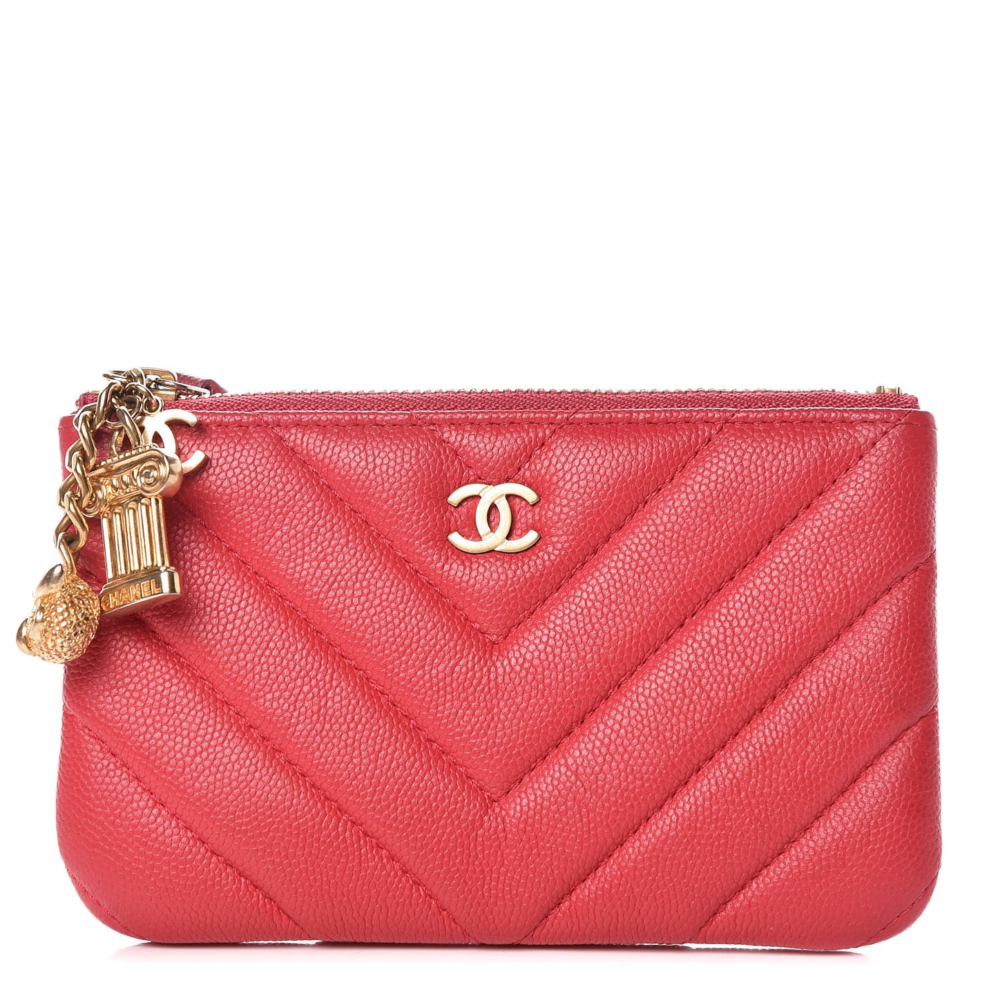 Caviar Chevron Quilted Small Ancient Greek Charms Cosmetic Case Dark Pink