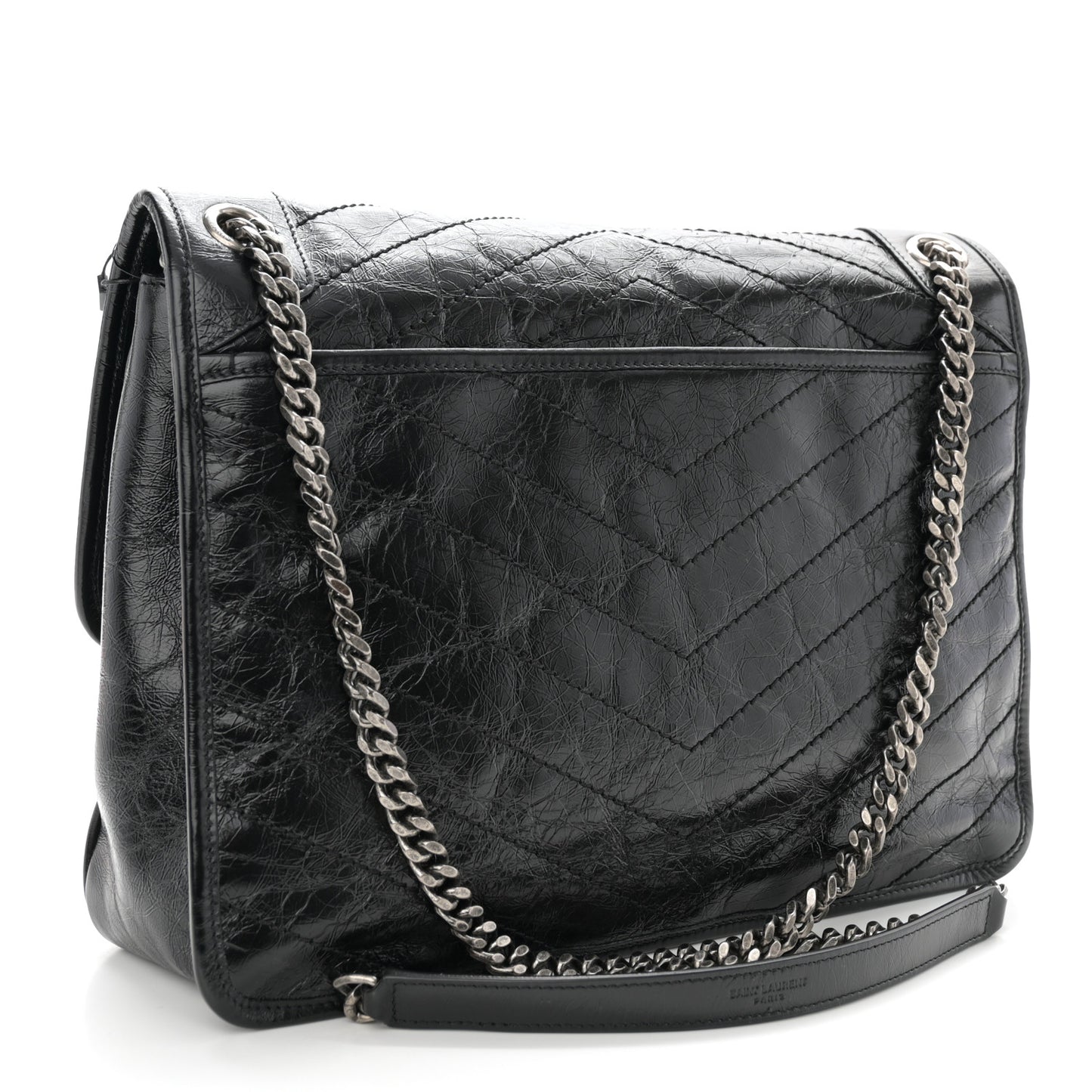 Crinkled Calfskin Matelasse Monogram Large Niki Chain Satchel Black