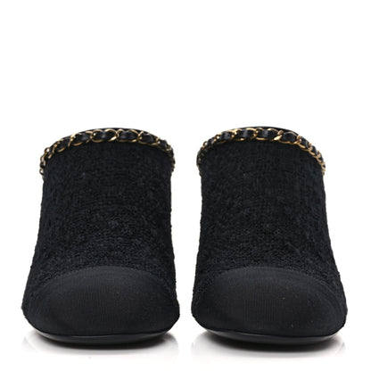 Chanel Tweed Grosgrain Cap Toe Chain Mule 39 Black 2 of 7