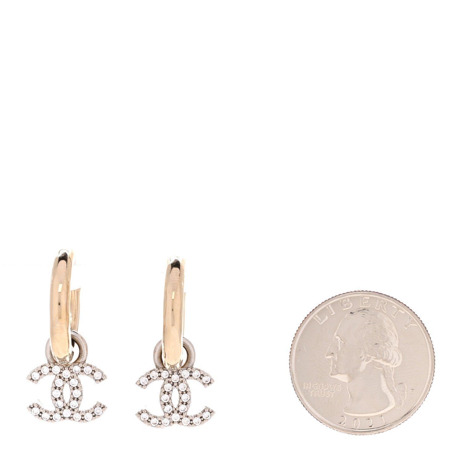 Chanel Metal Crystal Studded CC Hoop Drop Earrings Gold 2 of 5