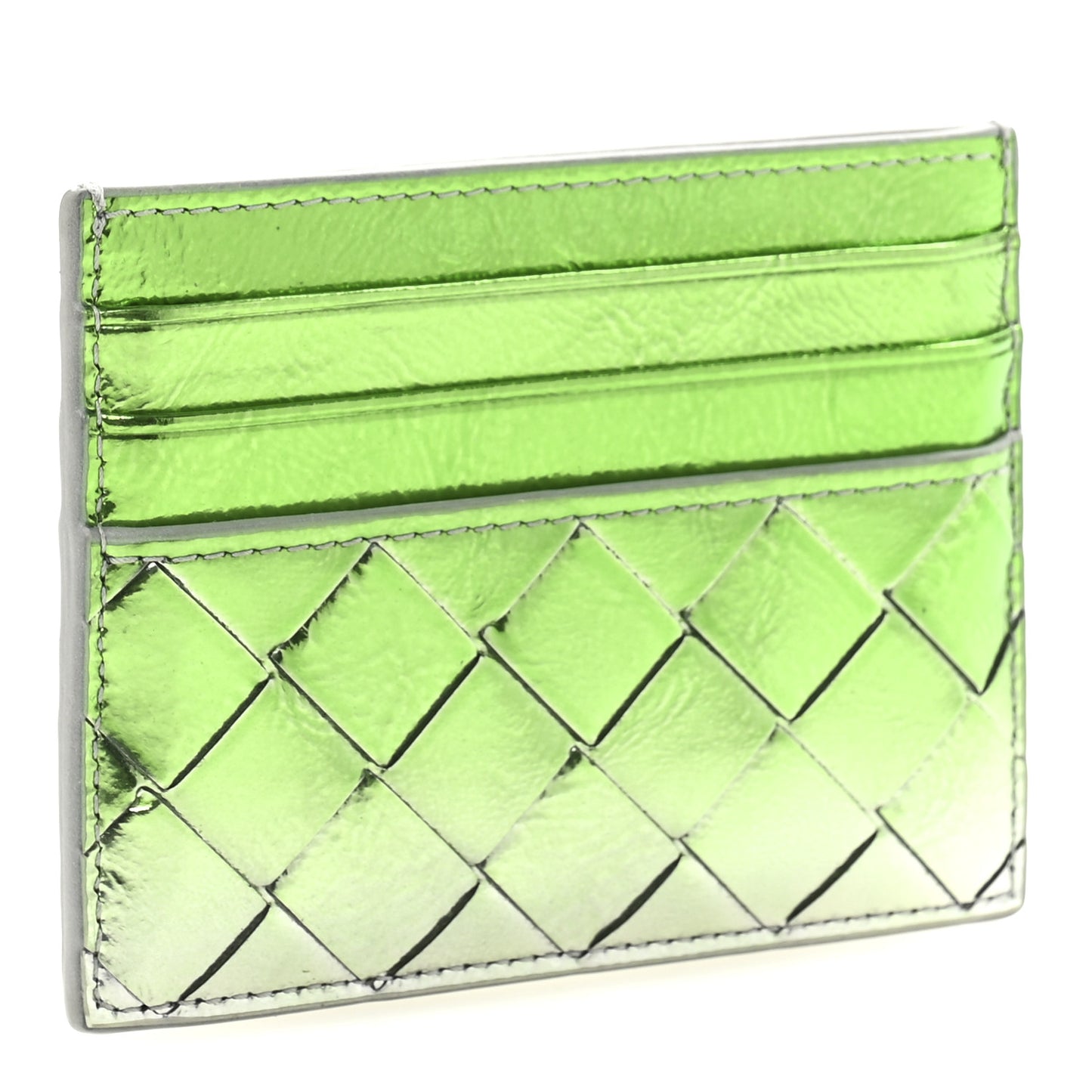 Metallic Laminated Goatskin Degrade Intrecciato Credit Card Case Silver Fresh Mint