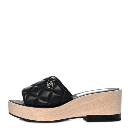 Chanel Lambskin Quilted CC Wedge Sandals 39 Black 1 of 9