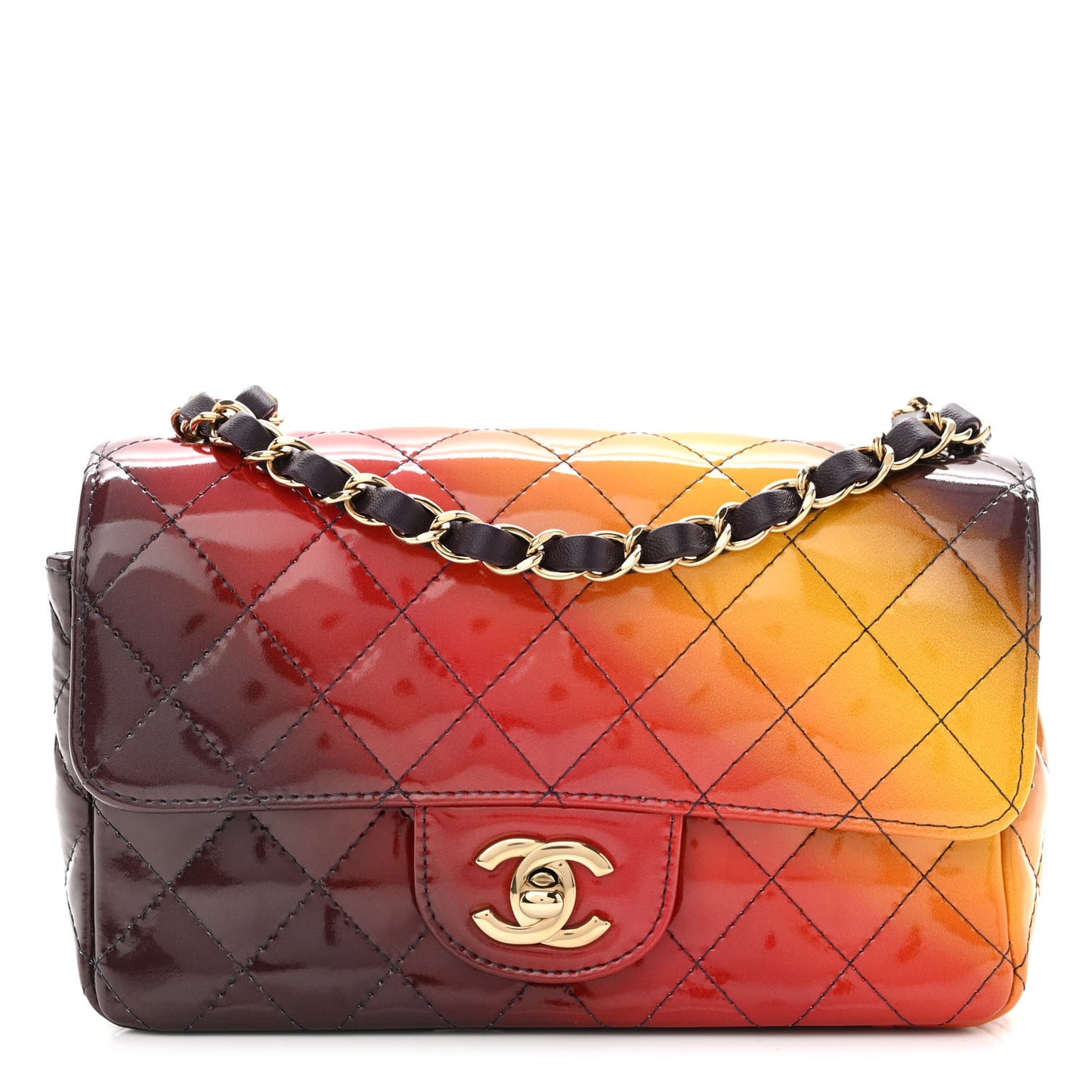 Shaded Patent Calfskin Quilted Mini Rectangular Flap Red Yellow Dark Purple