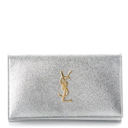 Saint Laurent Grained Metallic Calfskin Monogram Chain Wallet Argento 1 of 7