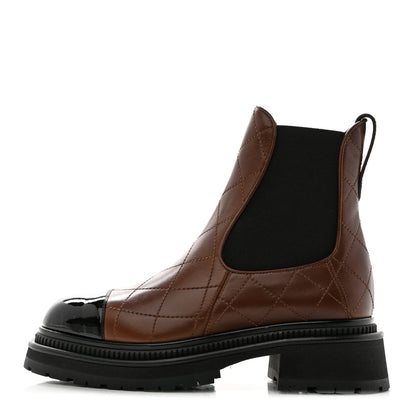Chanel Calfskin Patent Cap Toe Quilted Short Boots 36.5 Brown Black 1 of 9