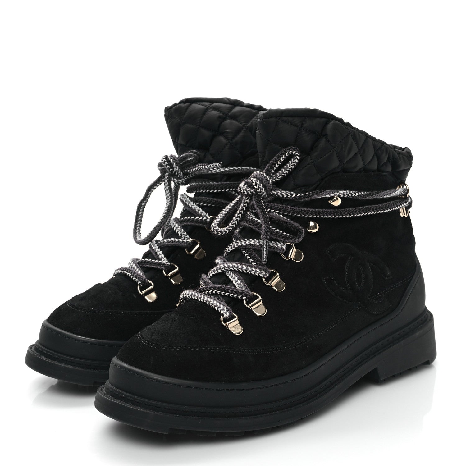 Chanel Suede Nylon CC Lace Up Snow Boots 39 Black 3 of 9