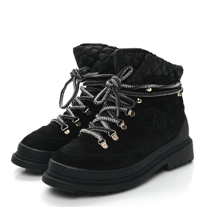 Chanel Suede Nylon CC Lace Up Snow Boots 39 Black 3 of 9