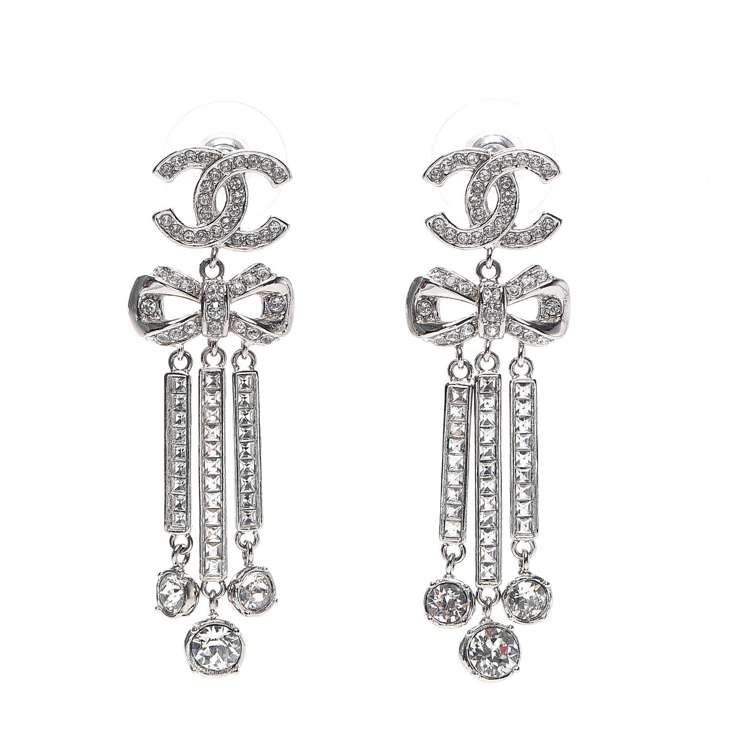 Crystal CC Bow Drop Earrings Silver