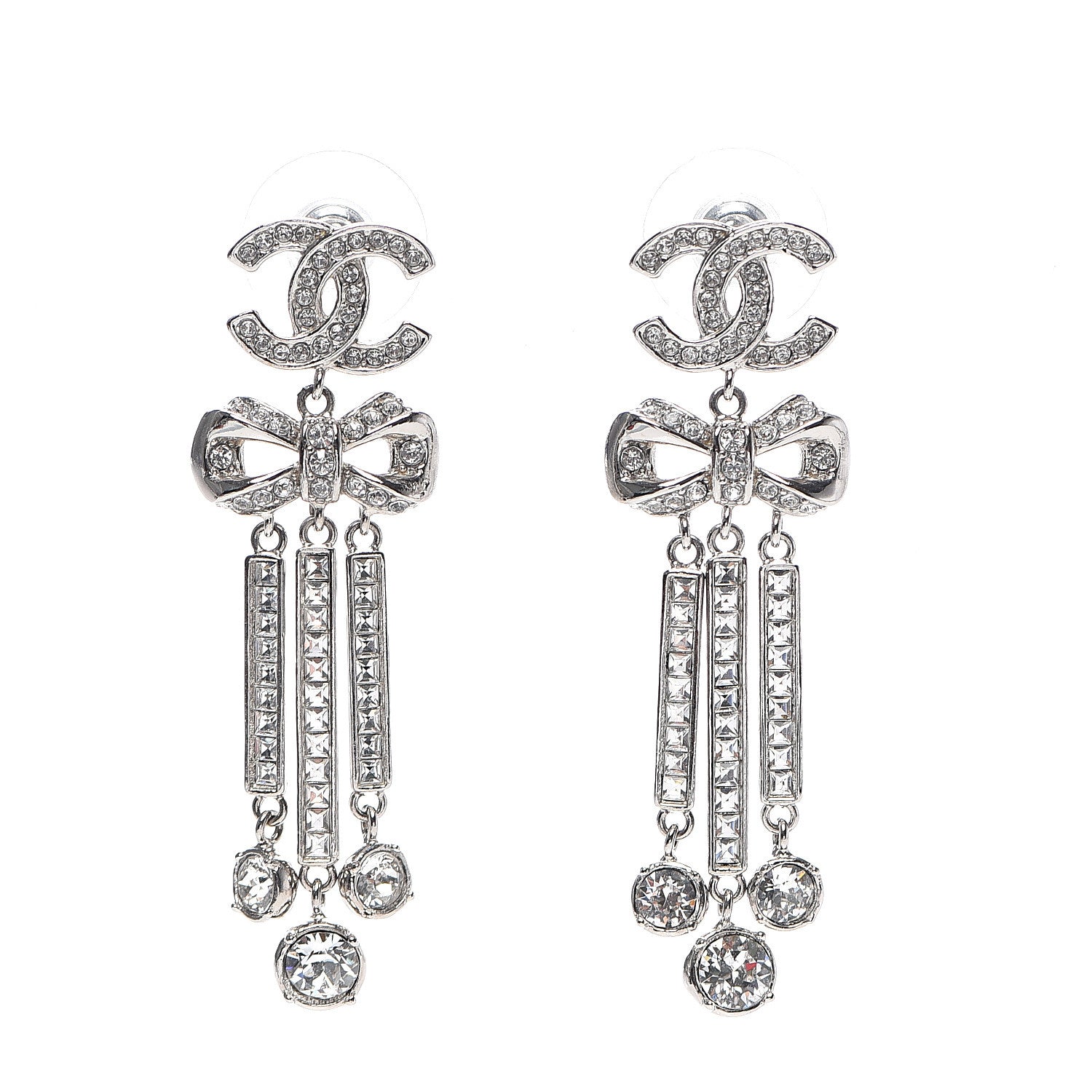 Chanel Crystal CC Bow Drop Earrings Silver 1 of 4