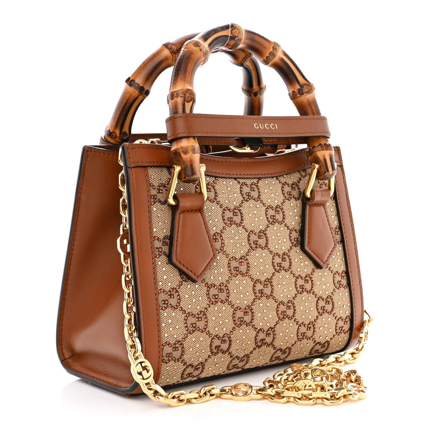 Gucci New Canvas Charisma Calfskin Crystal GG Monogram Mini Diana Tote Bag Camel Ebony 3 of 11