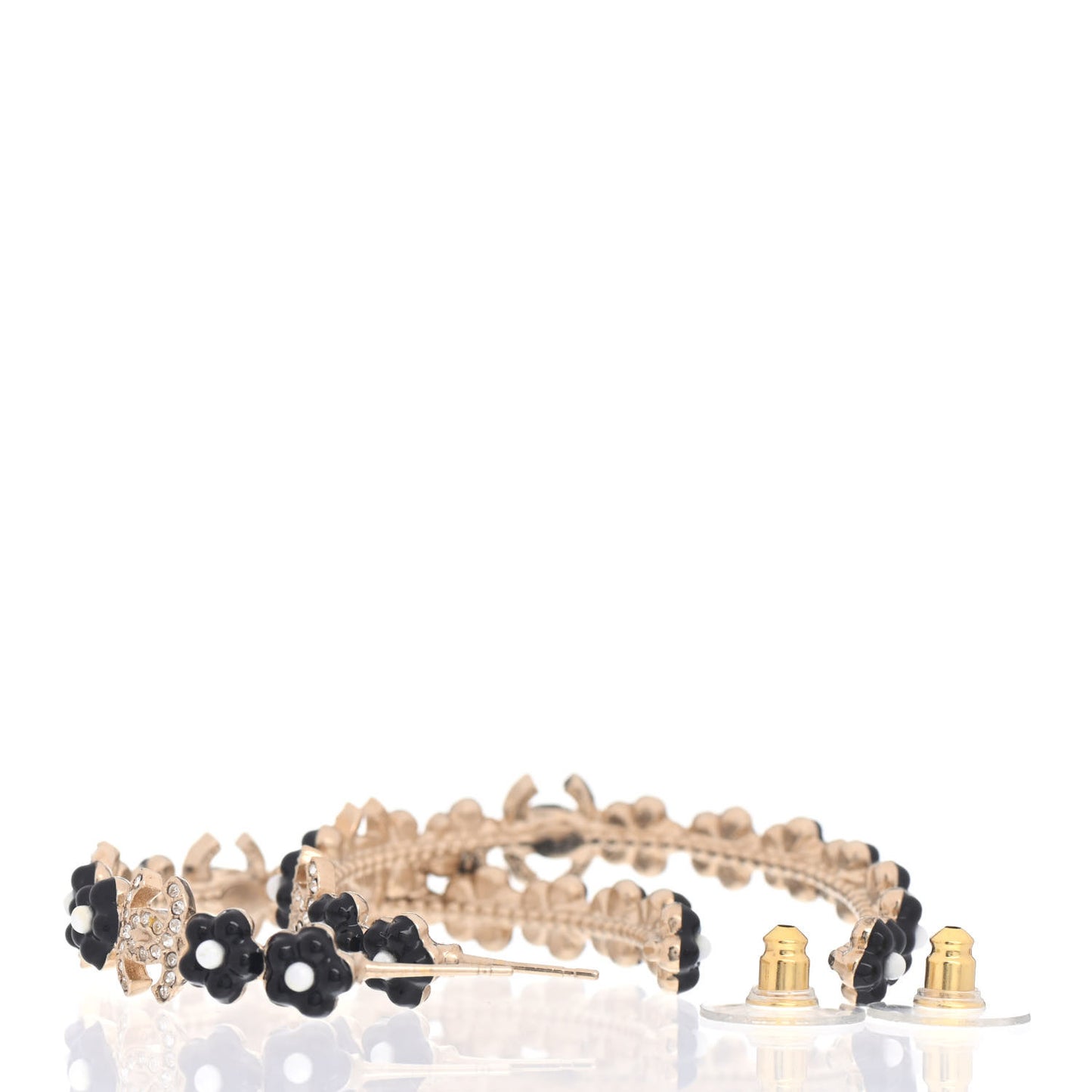 Metal Strass Crystal Flower CC Hoop Earrings Gold Black White