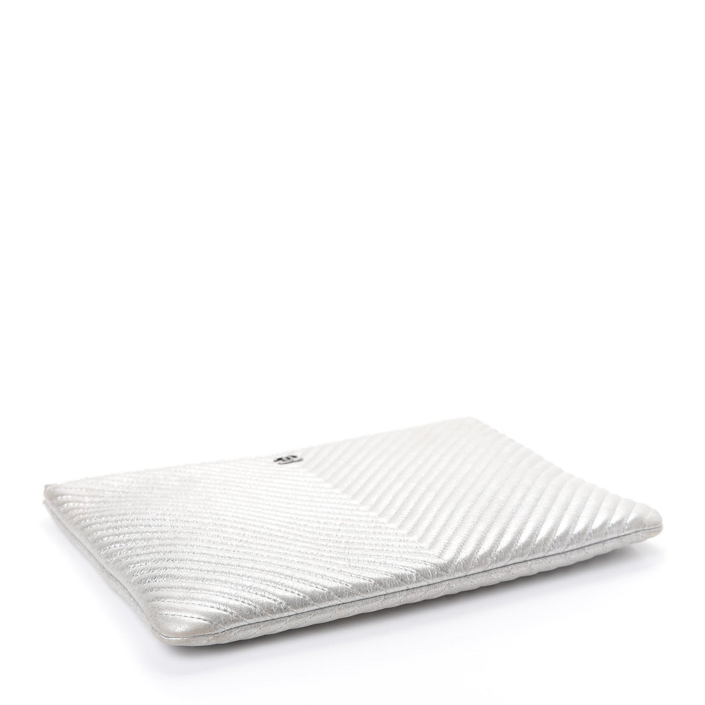 Metallic Calfskin Chevron Quilted Medium Cosmetic Case Silver