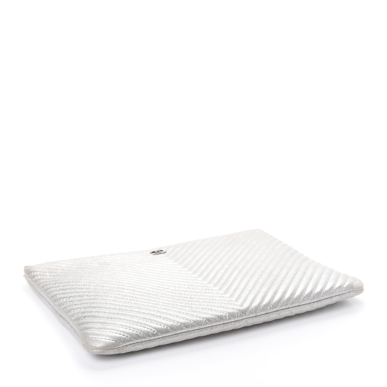 Chanel Metallic Calfskin Chevron Quilted Medium Cosmetic Case Silver 4 of 8
