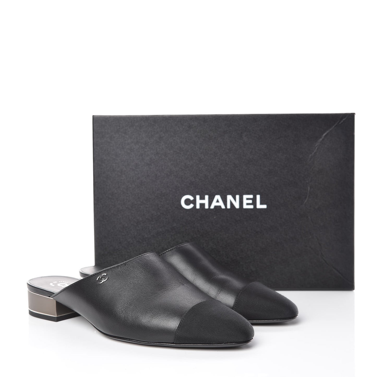 Lambskin Grosgrain Cap Toe CC Mules 39 Black