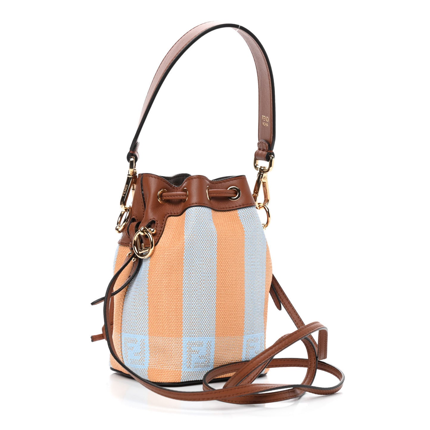 Raffia Vitello Seta F is Fendi Pequin Gingham Woven Mini Mon Tresor Bucket Bag Giallo Celeste Noce