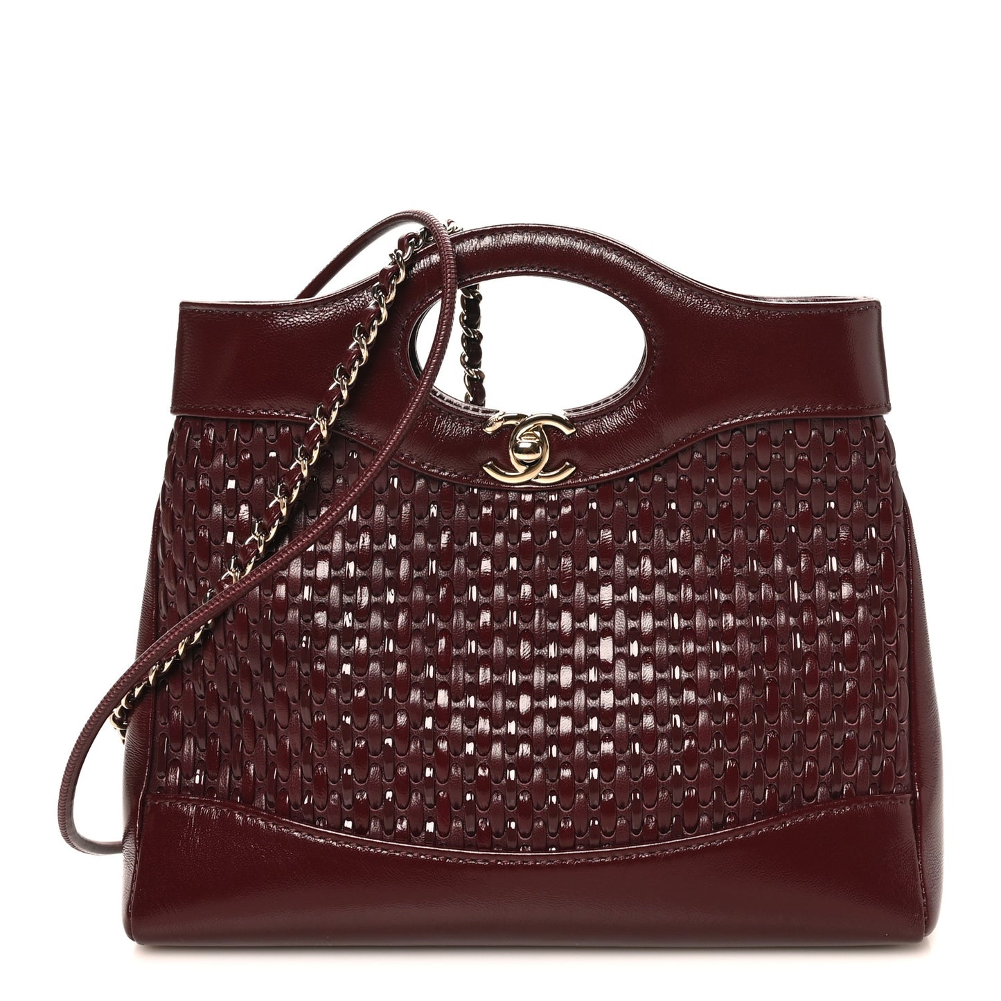 Shiny Lambskin Patent Calfskin Quilted Mini 31 Shopping Bag Dark Burgundy